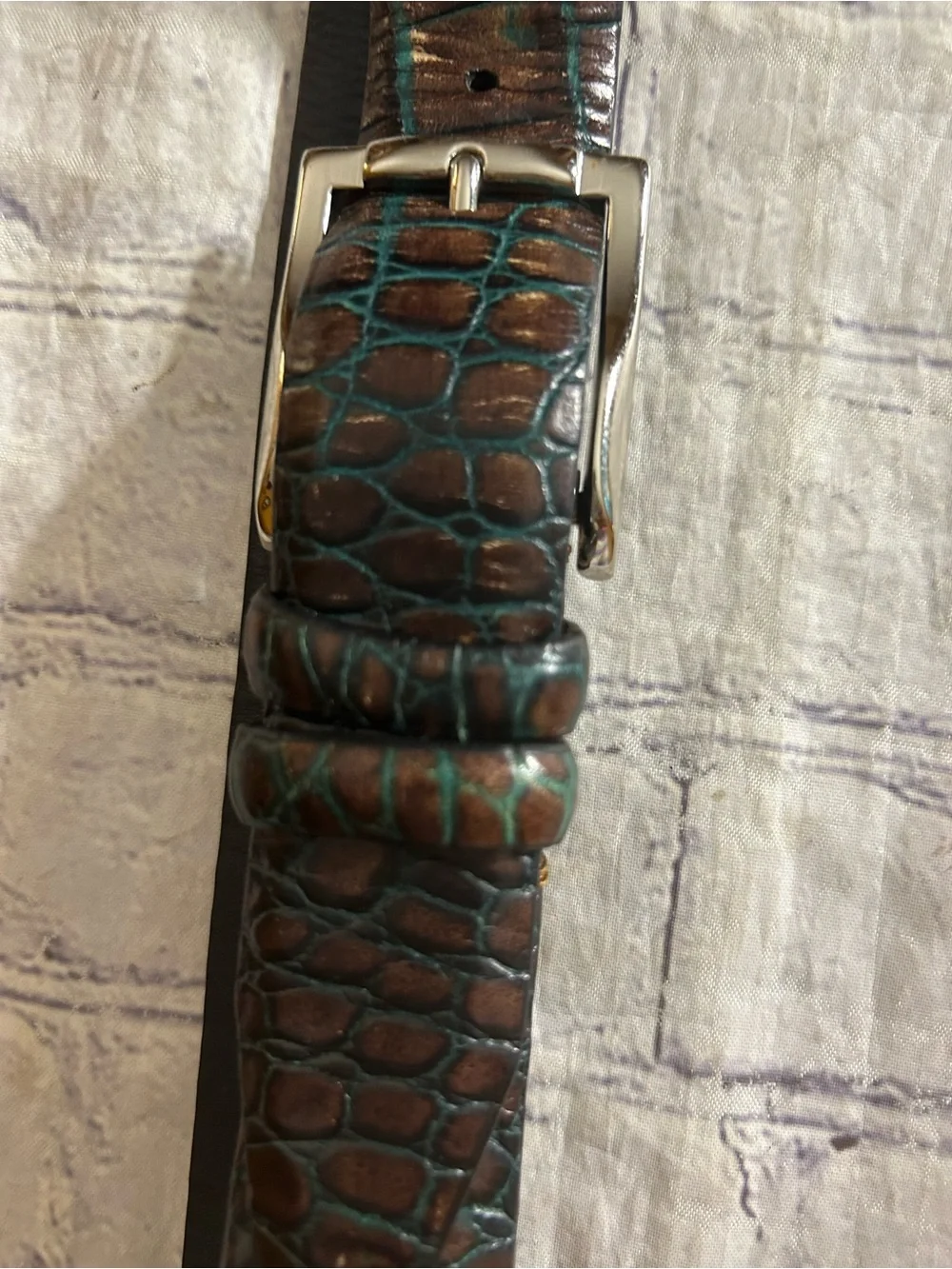 BILL LAVIN “SOFT COLLECTION “ 2-TONE BROWN & TEAL BLUE HANDMADE CROC ITALY BELT